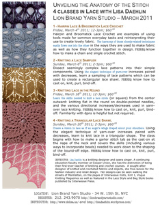 Lisa Daehlin teaches 4 classes in lace (hairpin, broomstick, knitting) at lion brand yarn studio, nyc, March 2011
